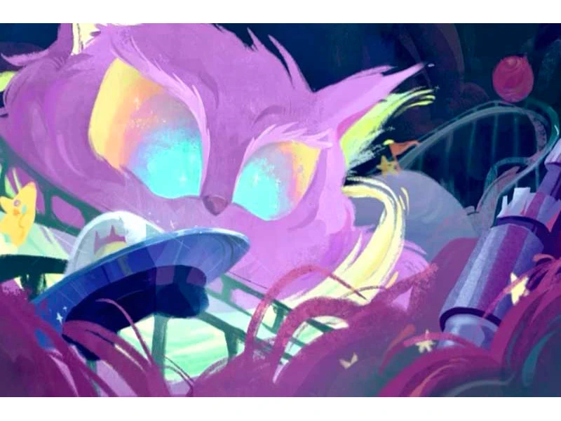 A surreal scene with a large, lavender cat-like creature with glowing, multicolored eyes, surrounded by abstract, colorful elements and a striped spaceship.