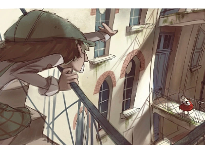 A person on a balcony leans towards another person across a courtyard in a stylized building scene.