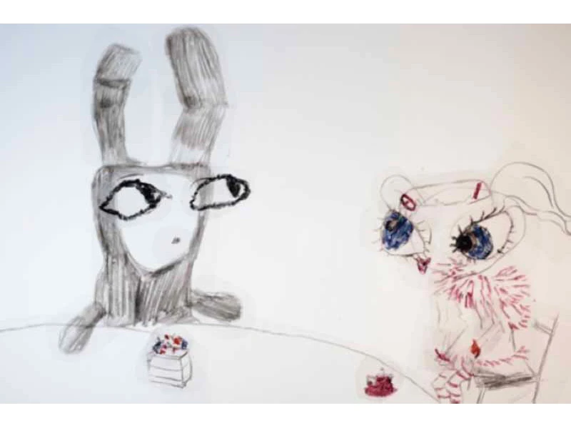 Two abstract, cartoonish characters at a table with a small dessert.