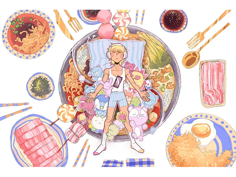 Person lying on a bed surrounded by plush toys and food-themed illustrations.