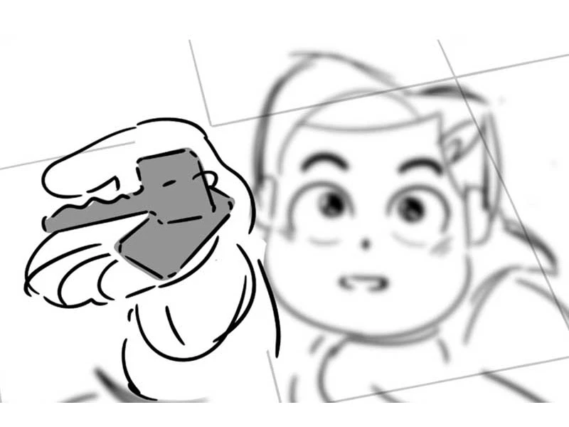A sketch of a hand holding a key with a cartoon character's face in the background.