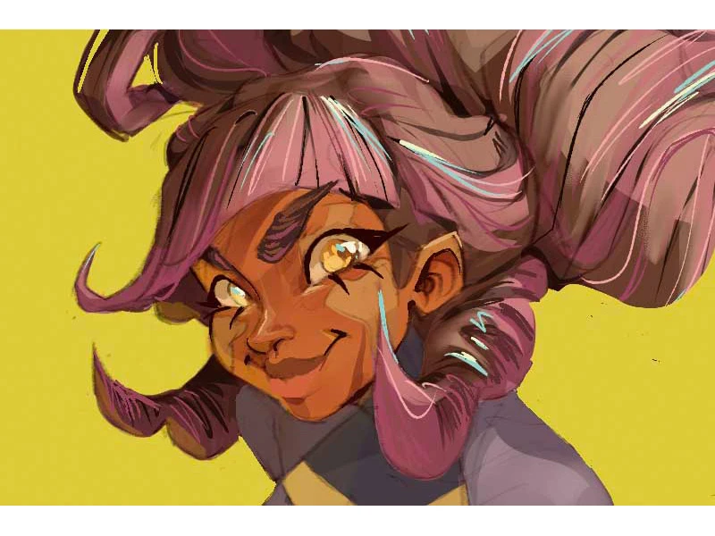 Animated character with voluminous pink and blue hair against a yellow background.