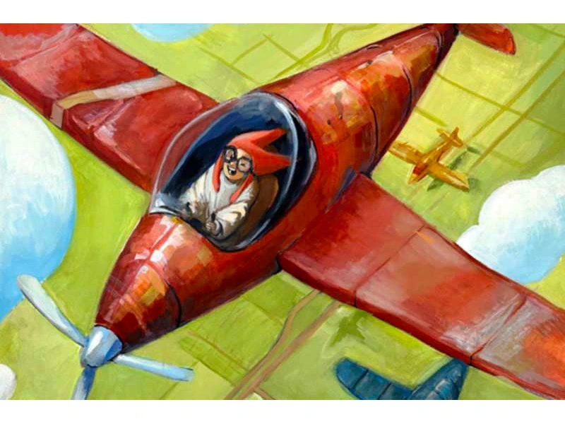 A red airplane with a pilot flies amidst clouds with smaller yellow and blue planes in the background.