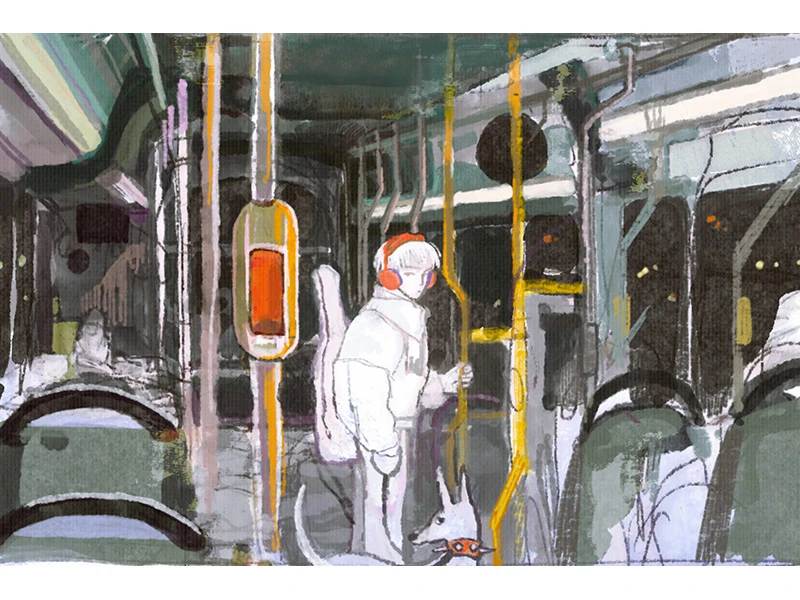 Artistic depiction of a person with orange headphones and a dog inside a bus.