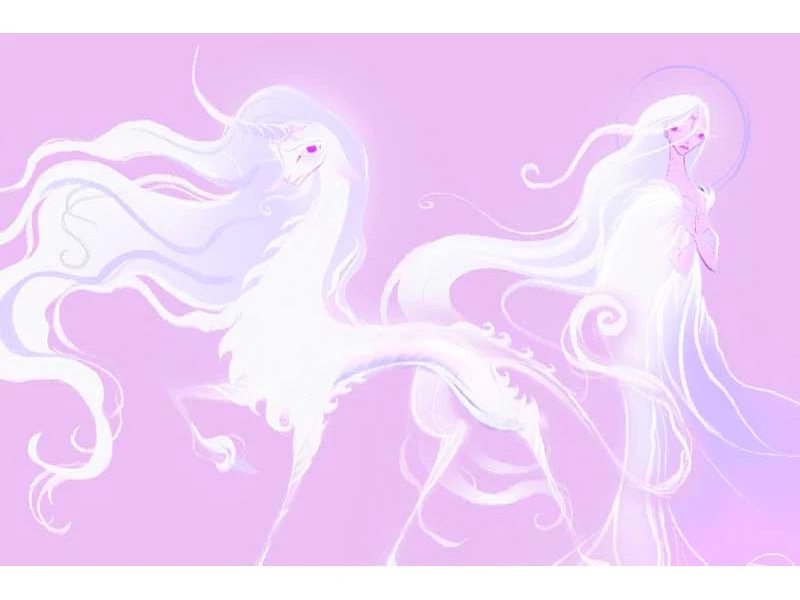 Fantastical scene with a unicorn-like creature and an ethereal humanoid figure on a lavender background.