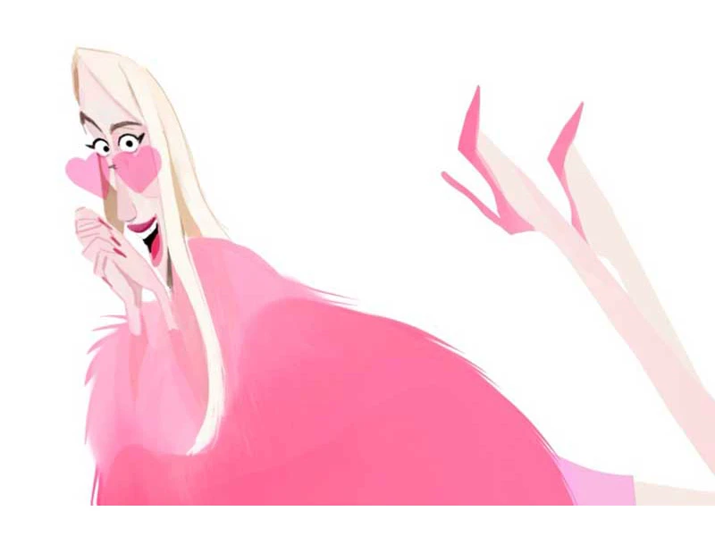 Stylized illustration of a person with blond hair and pink heart-shaped sunglasses, wearing pink attire and high heels.