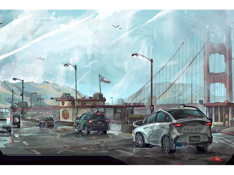 Busy highway scene with cars approaching a large suspension bridge on a cloudy day.