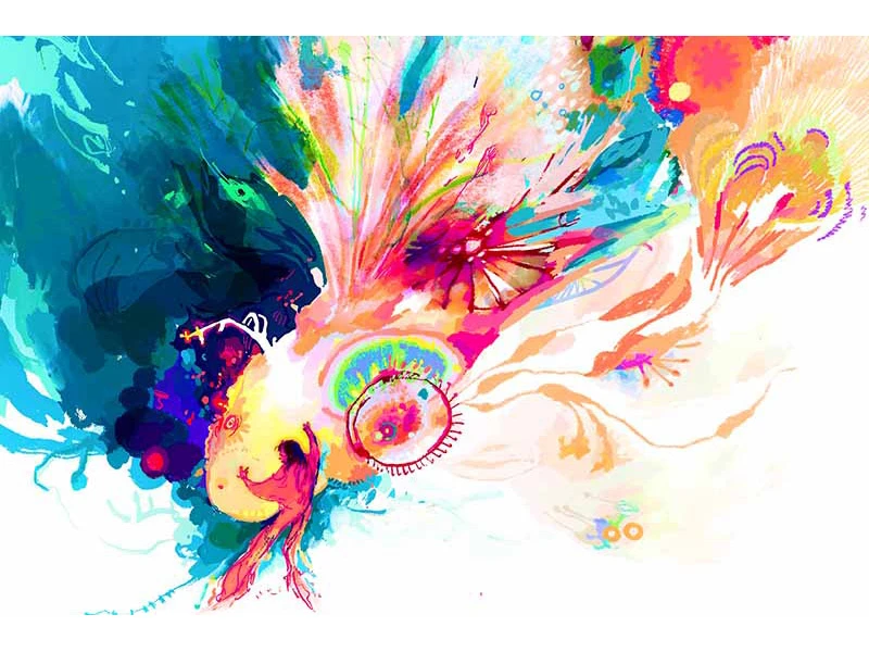 Abstract artwork with a vibrant mix of blues, pinks, and oranges, featuring swirling textures and burst patterns.