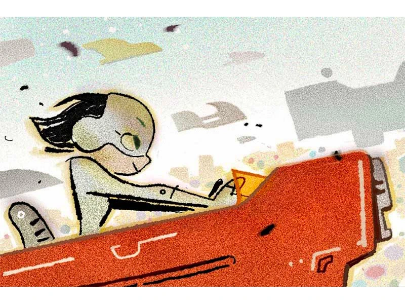 Cartoon figure driving a red futuristic vehicle against an abstract background.