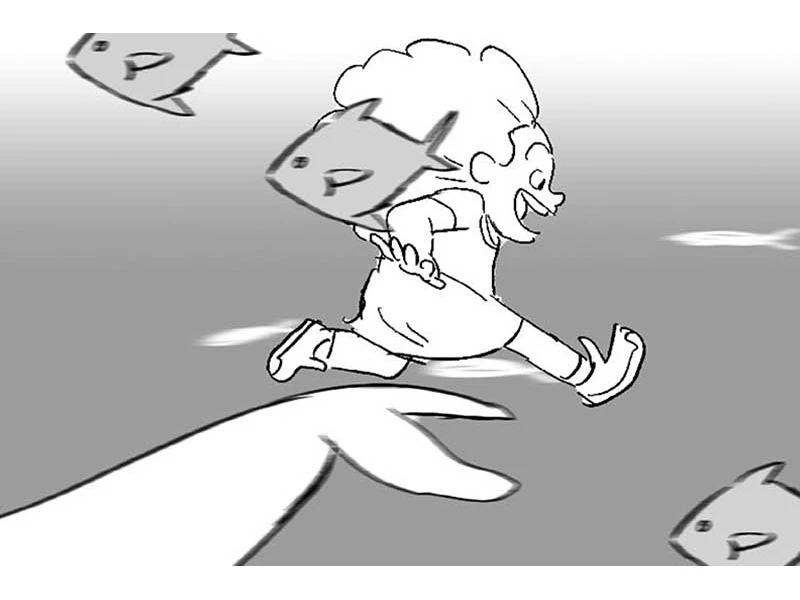 Cartoon character running on a whale's back with floating fish.