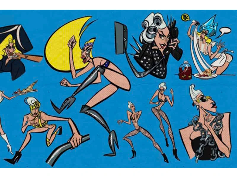 Stylized cartoon figures in exaggerated poses on a blue background.