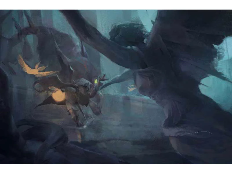 A mystical creature with glowing eyes approaches a large, winged shadowy figure.