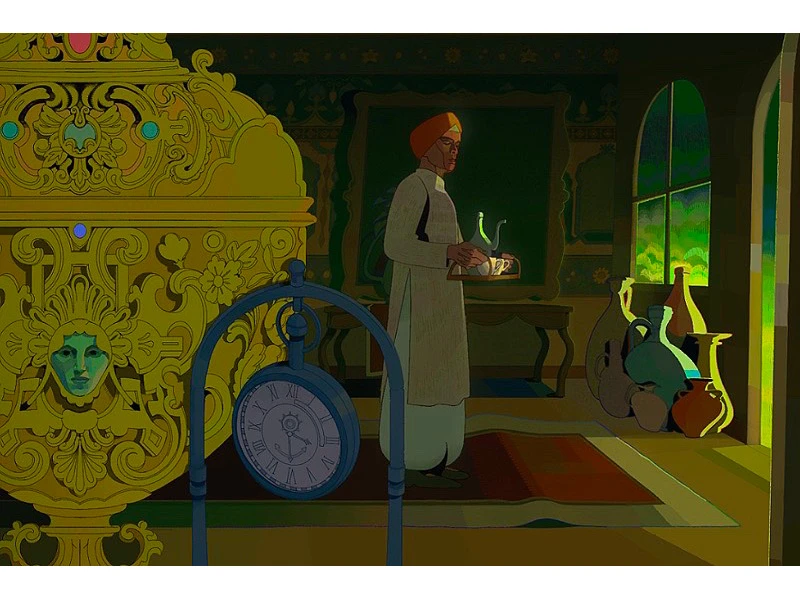 A richly decorated room with an ornate yellow structure, an antique clock, and a figure holding a tray with a teapot, near a window.