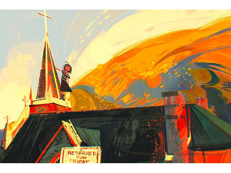 Illustration of a church with a person on the roof against an abstract, colorful sky.
