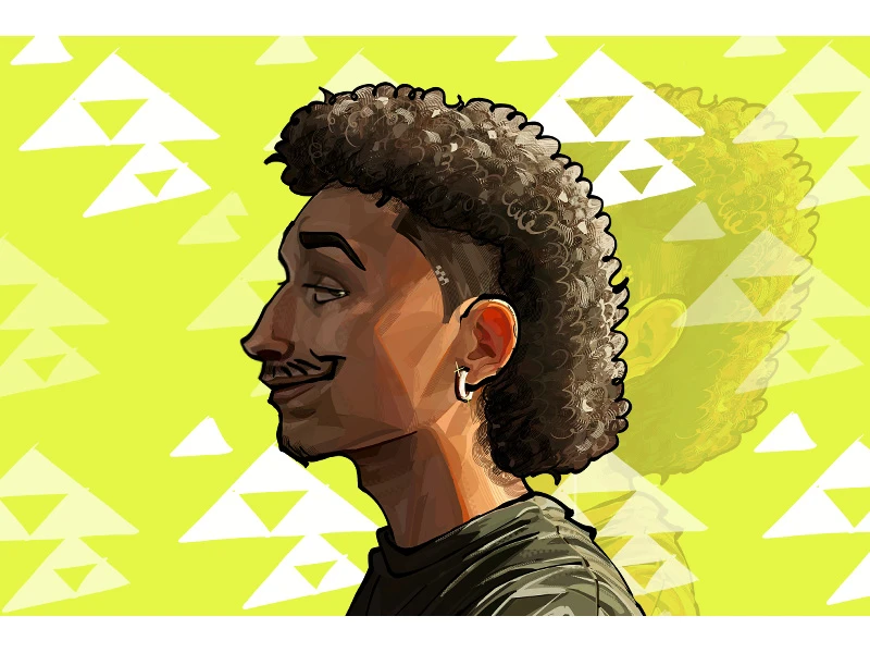 Profile illustration of a person with curly hair against a lime green, triangular-patterned background.