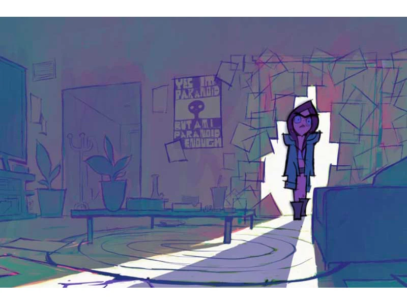 Cartoon living room with a bright doorway, a cloaked character, and various wall posters.