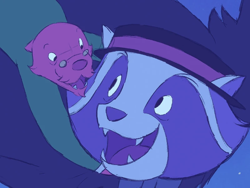 Animated raccoon-like character with a pink otter-like companion, both smiling, set against a blue backdrop.