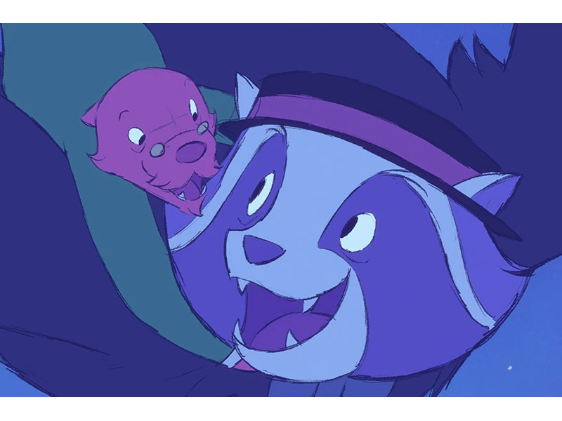 Animated raccoon-like character with a pink otter-like companion, both smiling, set against a blue backdrop.