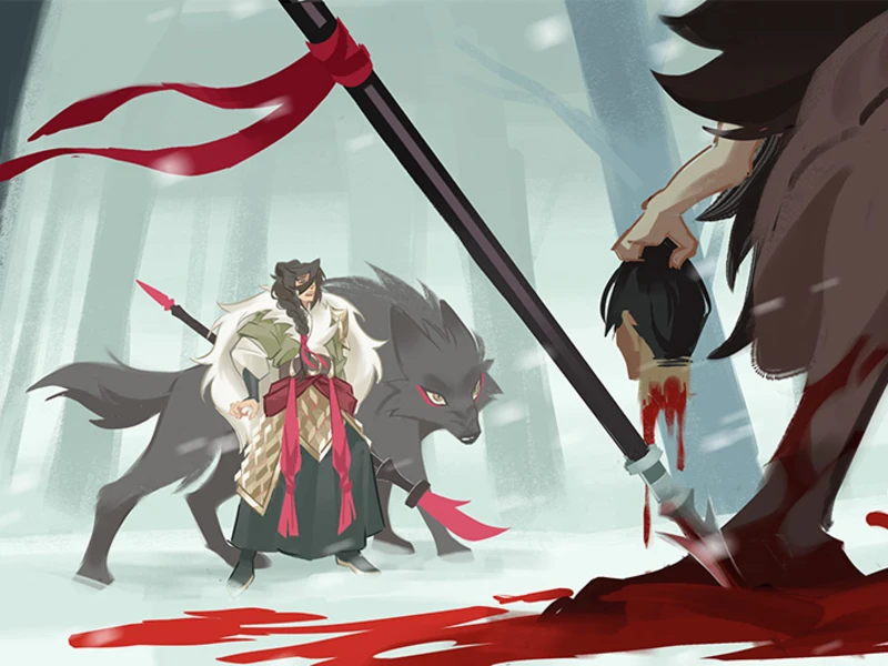 A dramatic snowy forest scene with a figure holding a spear and severed head, facing another person and a wolf.