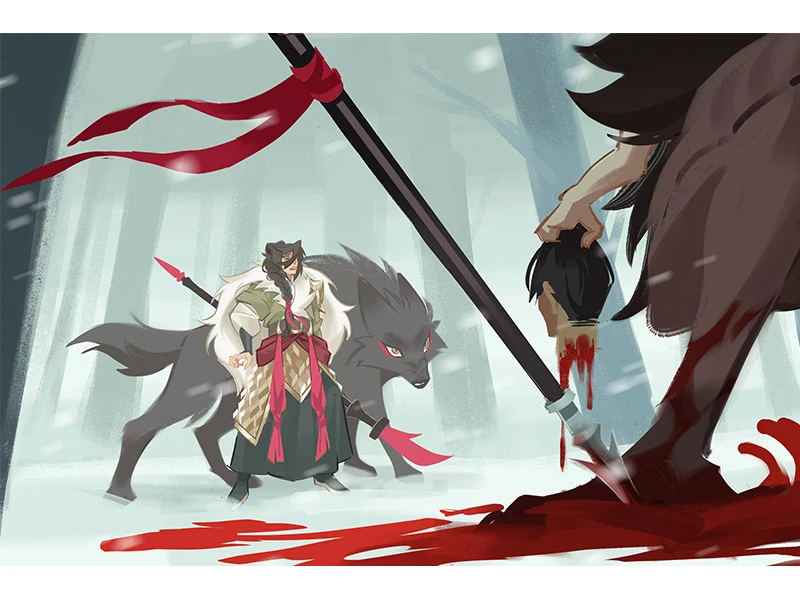 A dramatic snowy forest scene with a figure holding a spear and severed head, facing another person and a wolf.