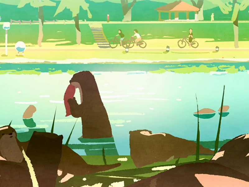 Otters by a river with people cycling in a park