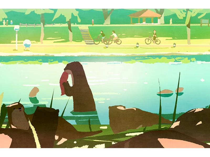 Otters by a river with people cycling in a park