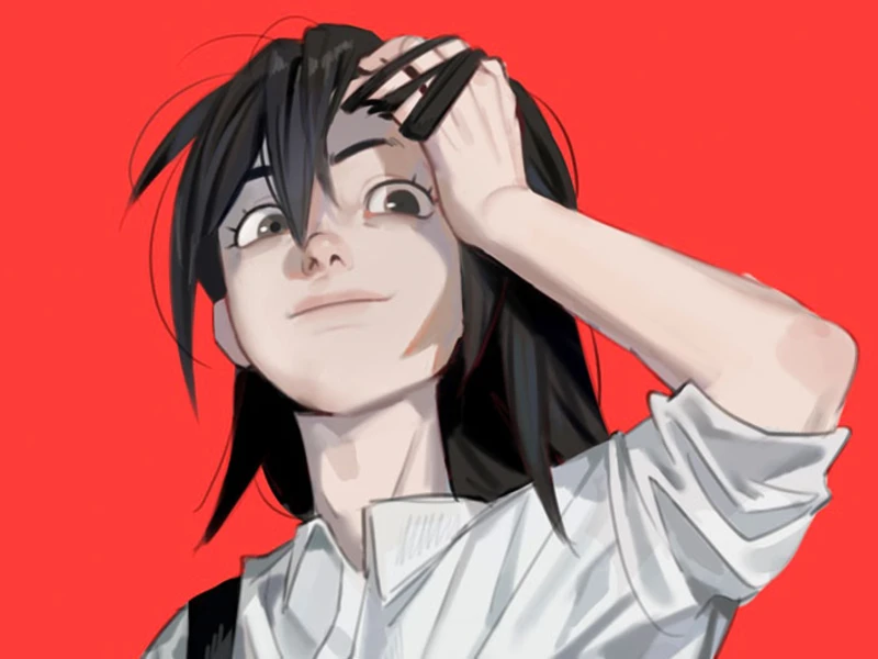 Anime character with black hair touching their head against a red background.