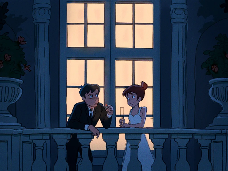 An animated man in a suit and woman in a white dress converse on a balcony at night.