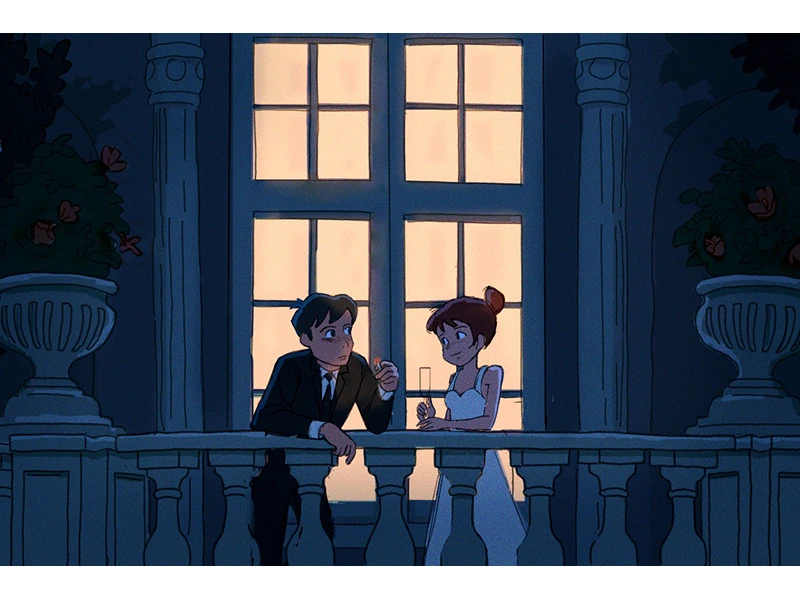An animated man in a suit and woman in a white dress converse on a balcony at night.