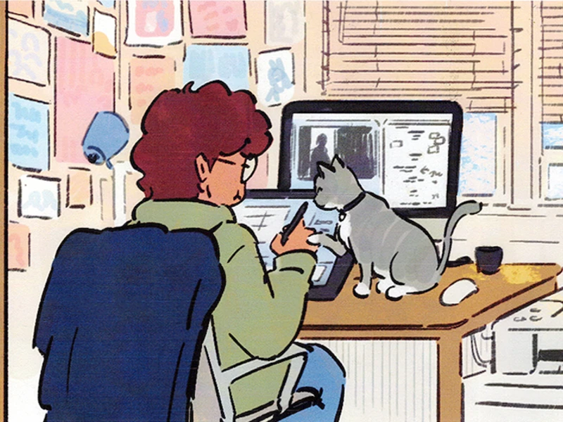 Illustration of a person at a desk with a cat, using a tablet and computer in a colorful room.