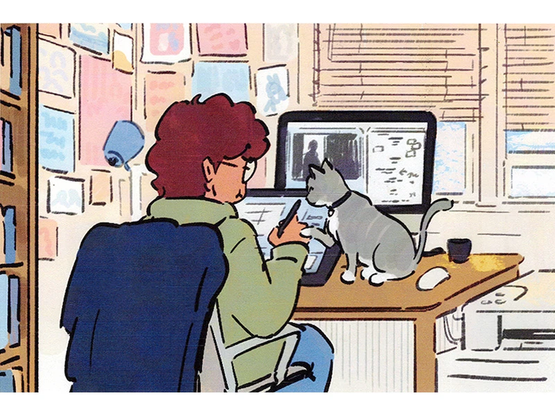 Illustration of a person at a desk with a cat, using a tablet and computer in a colorful room.
