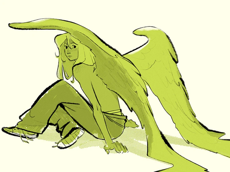 A stylized drawing of a person with large wings sitting on the ground in shades of green.
