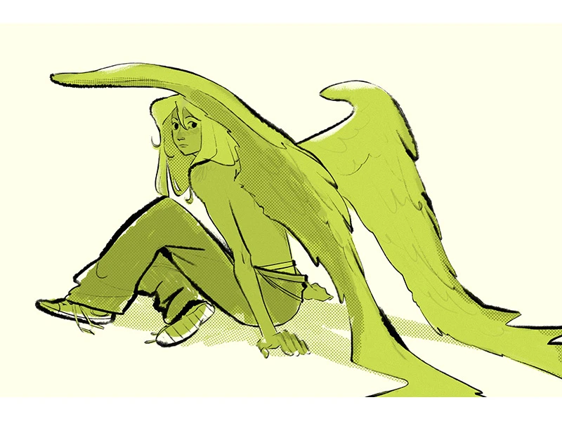 A stylized drawing of a person with large wings sitting on the ground in shades of green.