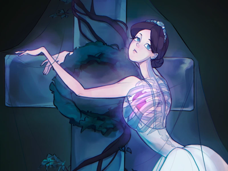 Woman in a gown leaning against a cross with a wreath.