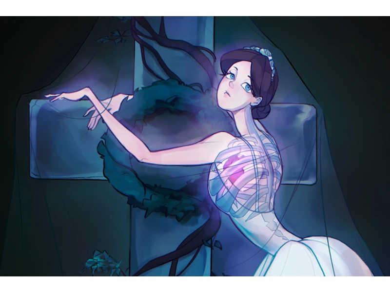 Woman in a gown leaning against a cross with a wreath.