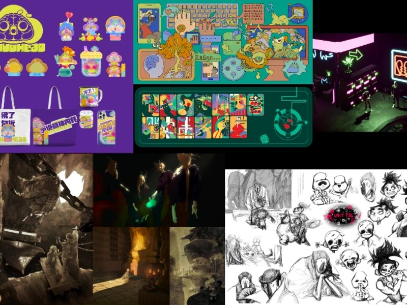 A collage of cartoonish art, digital scenes, industrial settings, and character sketches.