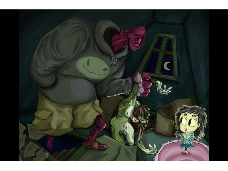 A whimsical attic scene with three characters: a large figure in a hoodie, a small green character, and a child on a pink rug, with a crescent moon visible through the window.
