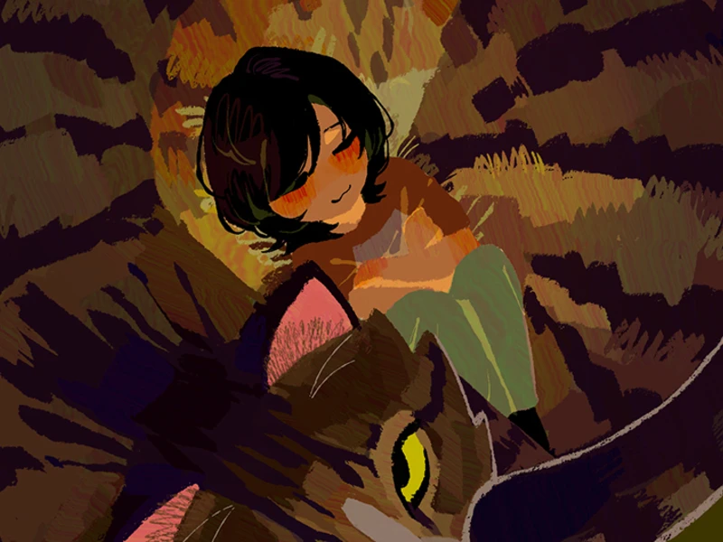A person resting against a large tabby cat with yellow eyes and a striped pattern.