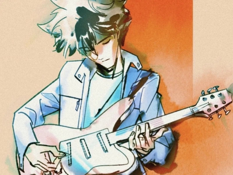 Illustration of a person playing an electric guitar, set against an orange and beige background.