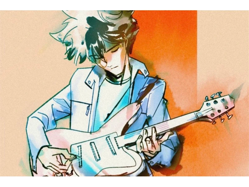 Illustration of a person playing an electric guitar, set against an orange and beige background.