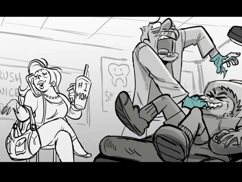 Cartoon scene of a dentist working on a grimacing patient, while a smiling woman sits with a "#1 Mom" cup.