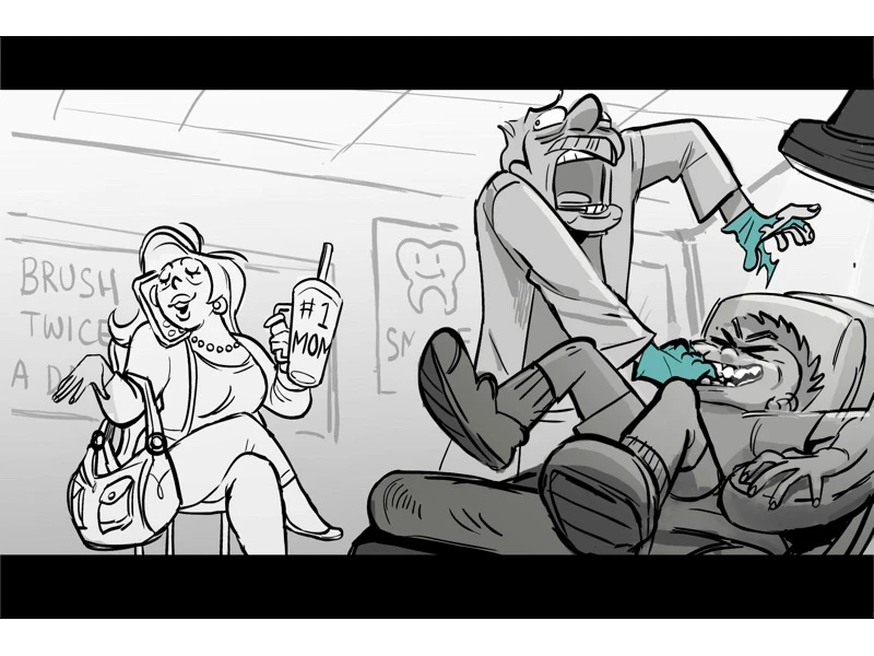 Cartoon scene of a dentist working on a grimacing patient, while a smiling woman sits with a "#1 Mom" cup.