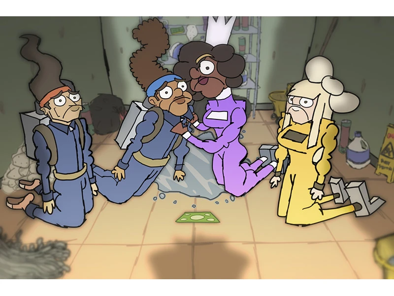 Cartoon of four divers in a cluttered room with diving suits and flippers, acting dramatically.