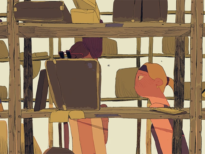 Illustration of a person behind shelves filled with brown and beige bags.