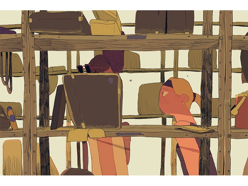 Illustration of a person behind shelves filled with brown and beige bags.