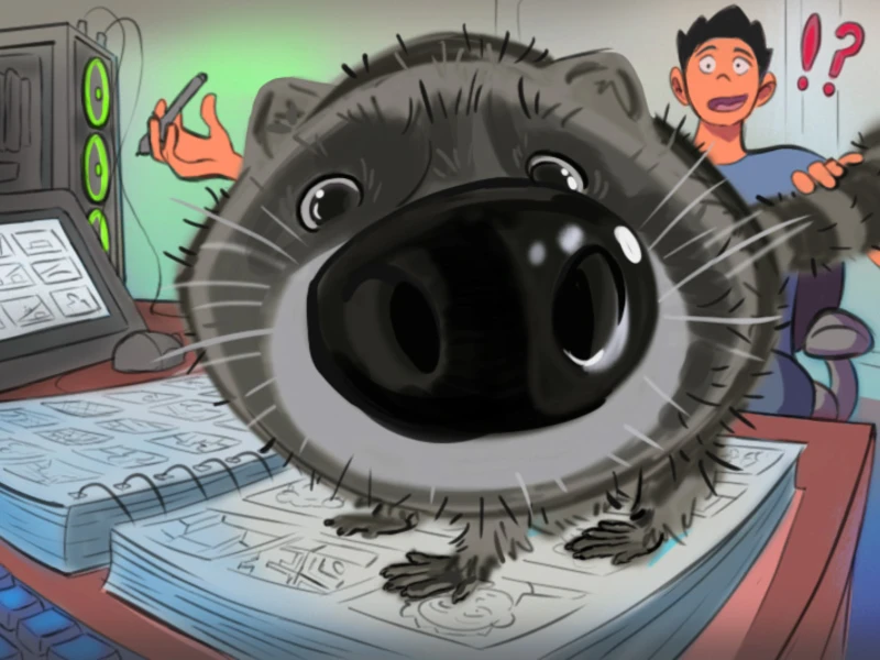 Cartoon raccoon on a sketchbook with a surprised man and computer in the background.