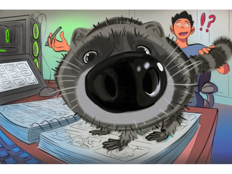 Cartoon raccoon on a sketchbook with a surprised man and computer in the background.