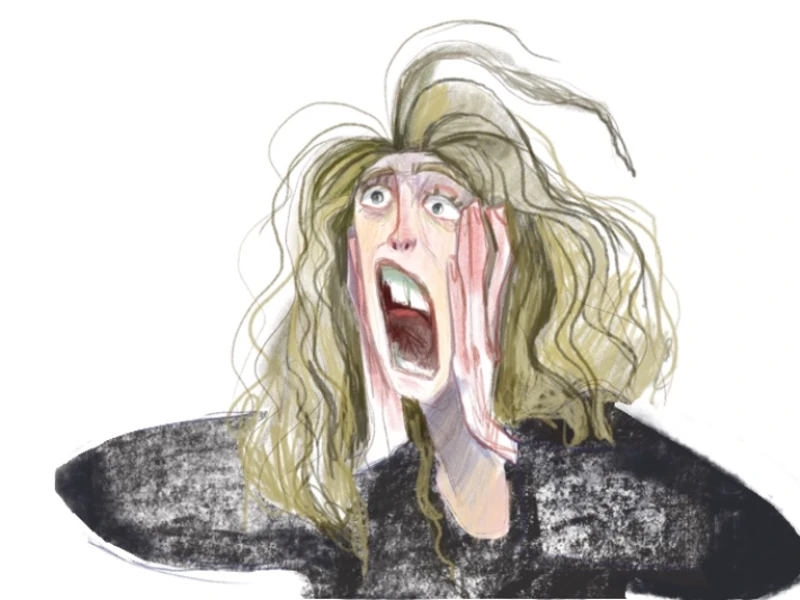 Illustration of a person with an expression of shock, featuring long, disheveled hair and open mouth.