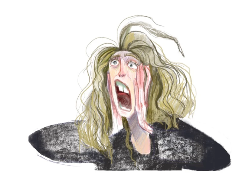 Illustration of a person with an expression of shock, featuring long, disheveled hair and open mouth.