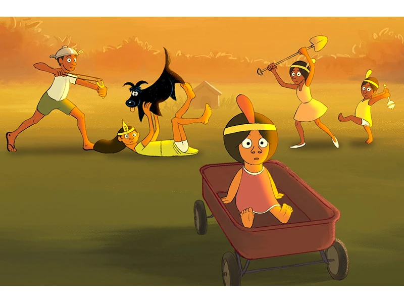 Children playing outside at sunset with a wagon and a dog, in lively and imaginative activities.